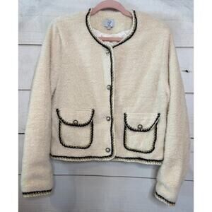 PLM Womens Jacket Sz LCream Fuzzy Gold Black Trim Pearl Holiday Party Festive